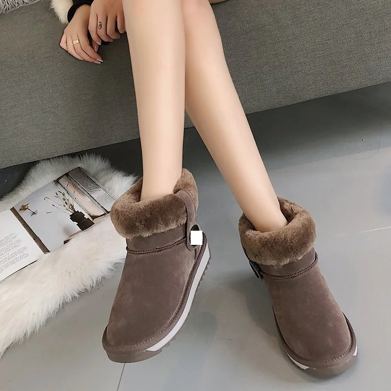

2018 New Snow Boots Women Flat Round Toe Slip-On Ankle Boots Plush Warm Solid Anti-skidding Fur Emu Boots Botas de mujer