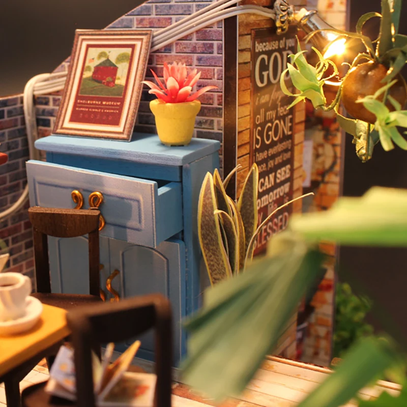 DIY Doll House Furniture Miniature For Dollhouse Light Wooden House For Dolls Toys For Children Gift Happiness A Cup Of Coffee
