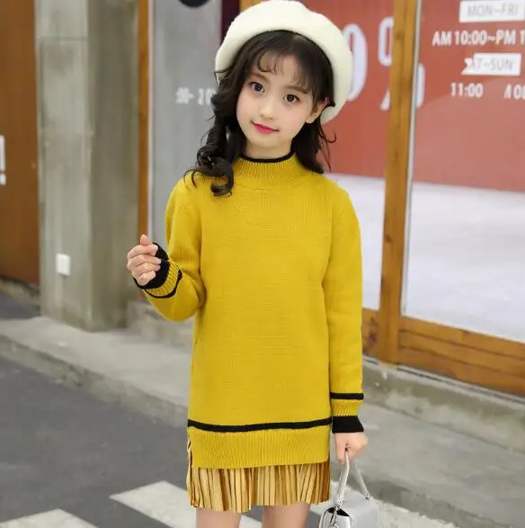 Платье-свитер для девочек-подростков коллекция года, осенне-зимние платья с длинными рукавами для девочек детский пуловер для девочек, вязаная одежда для детей возрастом 5, 6, 10, 12 лет