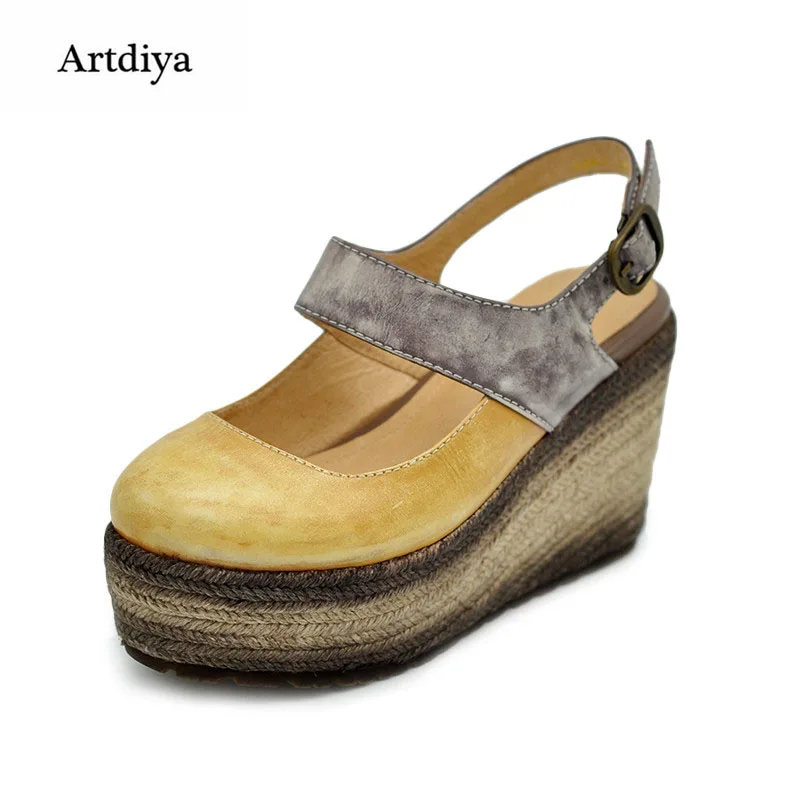 

2016 spring vintage genuine leather handmade women's shoes button covering sandals toe cap platform wedges shoes