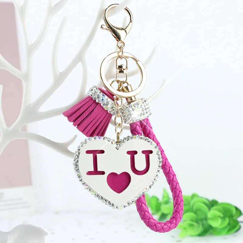 

Leather Diamond Rhinestone Tassel I Love You Heart-shaped Tassel Keychain Pendant Female Models Creative High-end Ladies Gifts