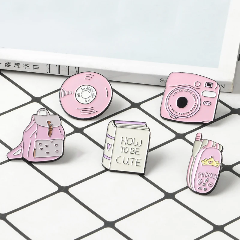 

How to be cute All about your record CD Book Backpack Flip phone Camera Pins Pink Enamel Badge Brooch Gift for friend Lapel pin