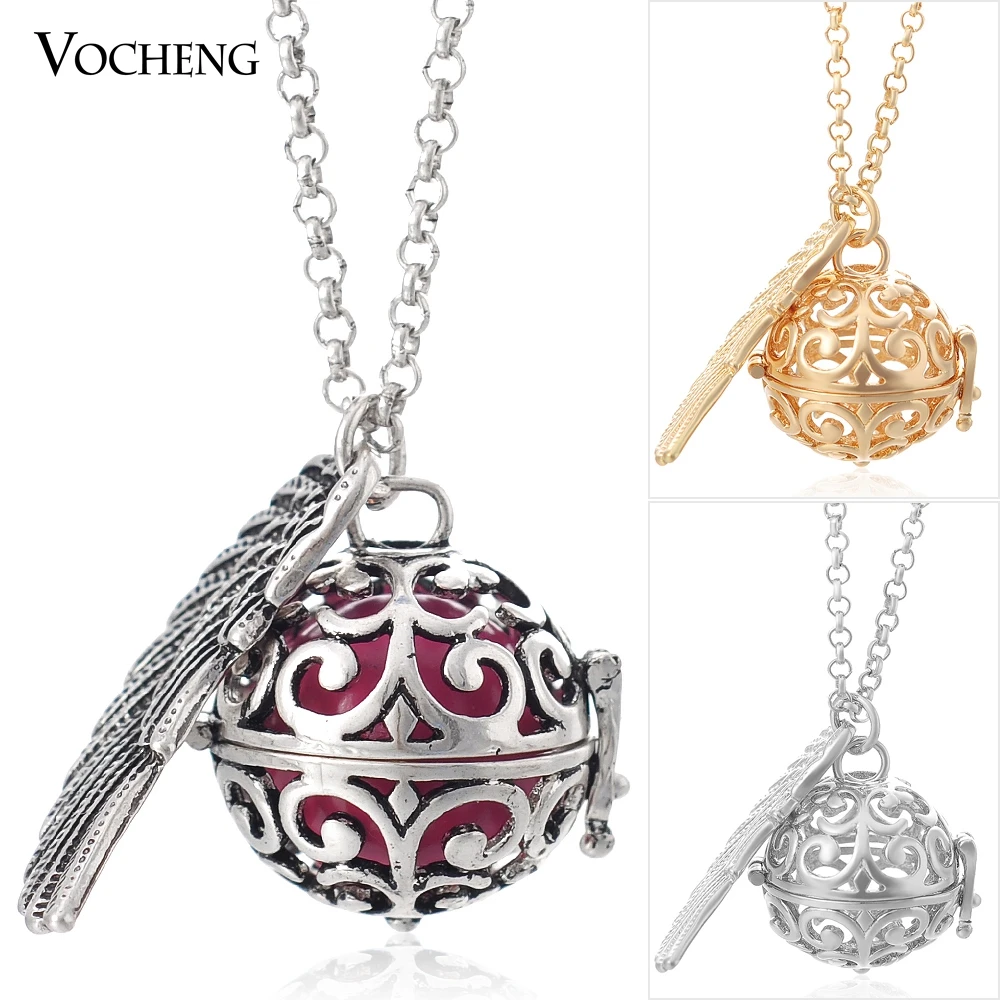 

10pcs/lot Vocheng Mexican Chime Aromatherapy Locket Copper 3 Colors Wings Pendants Necklace with Stainless Steel Chain VA-025*10