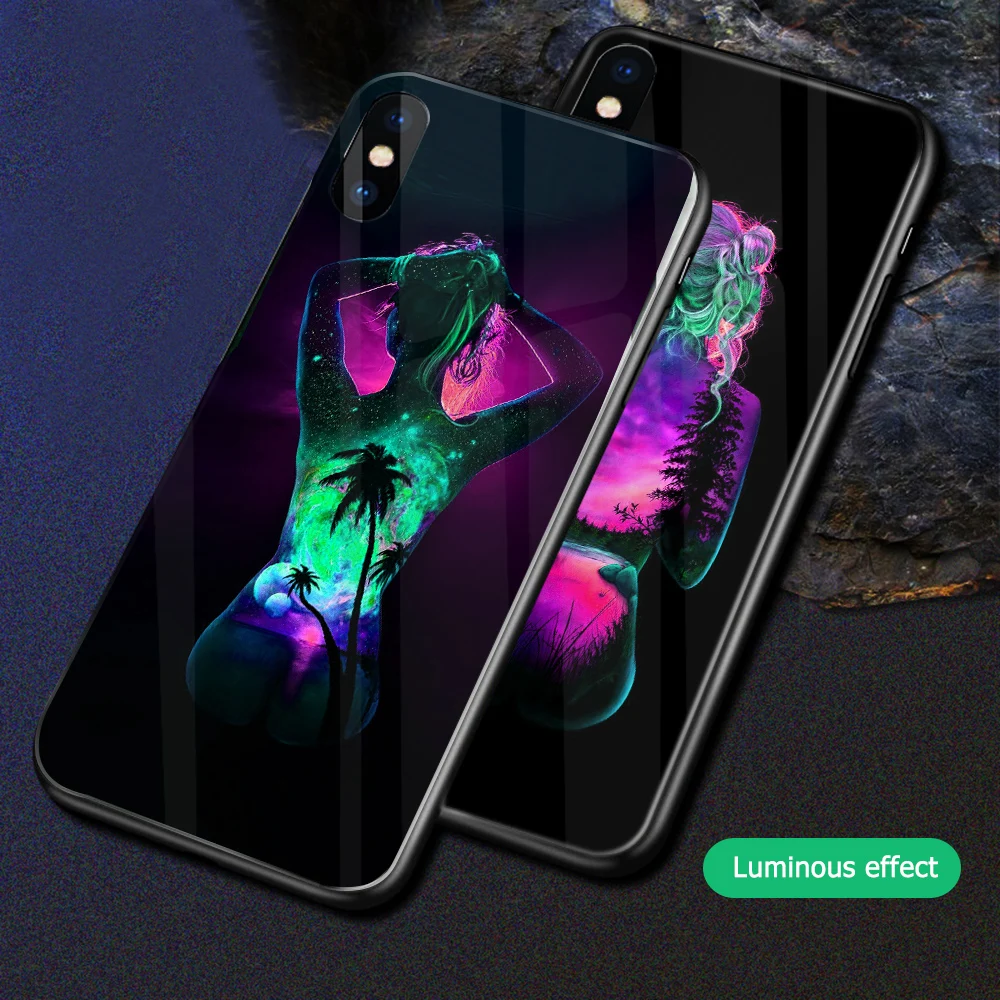 

ciciber Phone Case for Iphone 7 8 6 6S Plus Night Shine Girl Luminous Tempered Glass Cases for Iphone 11 Pro XR XS MAX X Cover