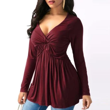 

Sexy V Neck Female T-Shirt Long Sleeve Cross Casual Draped Women Tee Top Spring Autumn Solid T Shirt Clothes Blusas 7Q2128