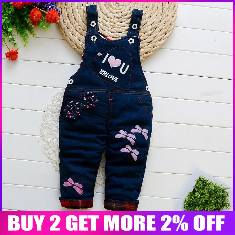 

BibiCola Baby Girl Winter Pants Denim Bib Pants For Girl Thick Denim Cartoon Trousers Kids Warm Overalls Infant Tracksuit Pants