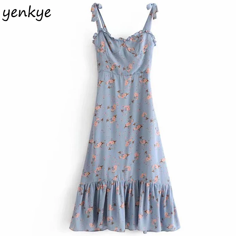 En Ligne Robe d été 2019 femmes Prairie Chic imprimé Floral robe dame Sexy sans manches à volants a ligne fronde longue robe