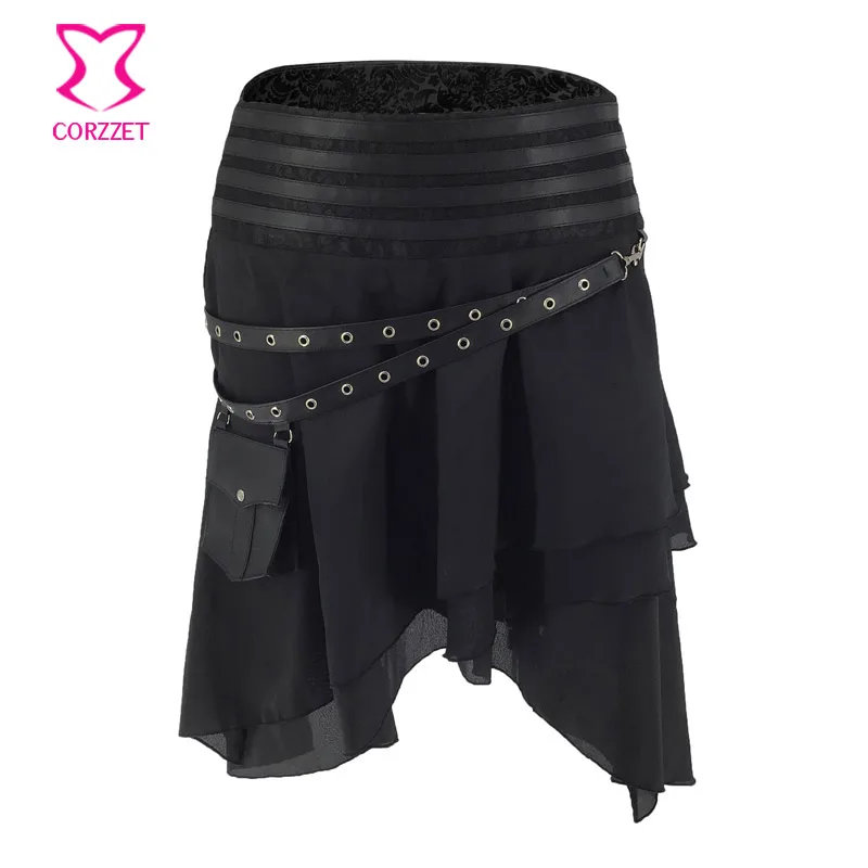 

Black Silk & Leather Pocket Belt Asymmetrical Victorian Skirts Womens Steampunk Clothing Medieval Cosplay Vintage Gothic Skirt