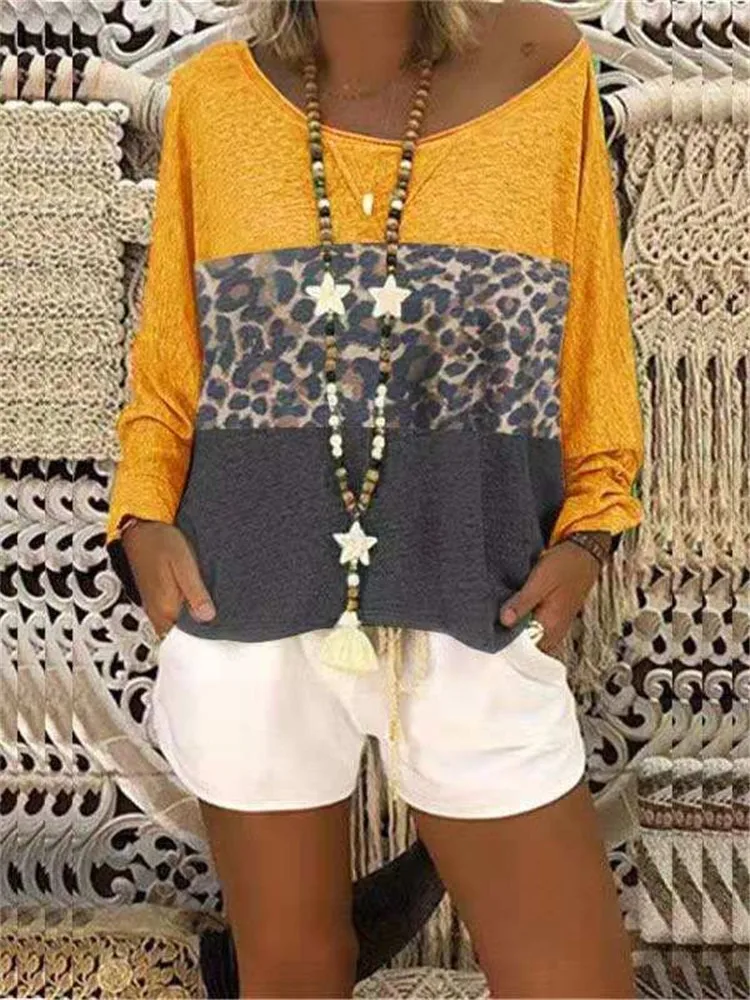 Женская блузка Леопардовый принт пэтчворк девичьи рубашки сшитые Модные женские размера плюс с длинным рукавом Повседневные женские блузки# G8 - Цвет: Yellow