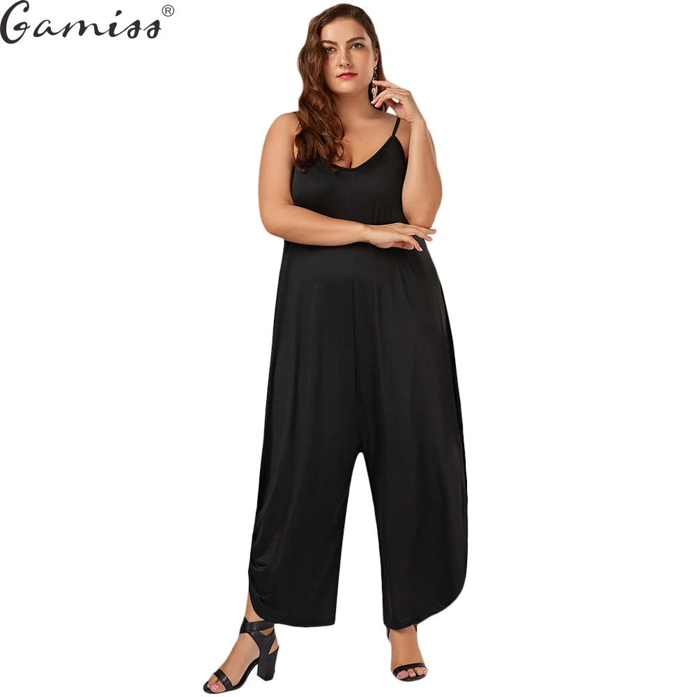 Gamiss Plus Size 7XL Low Cut Spaghetti Strap Baggy Jumpsuit Casual High Waisted Maxi Harem