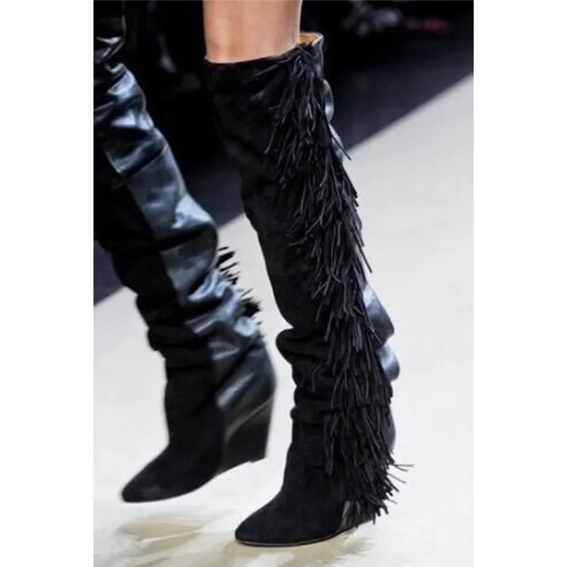Mujer Haute Botines Pic En Pic Roi Tassel Daim Emma as Hiver Talons Clouté Défilés Genou Bottes As Chaussures Cuir Femmes Wedge De OXlwkuPZiT