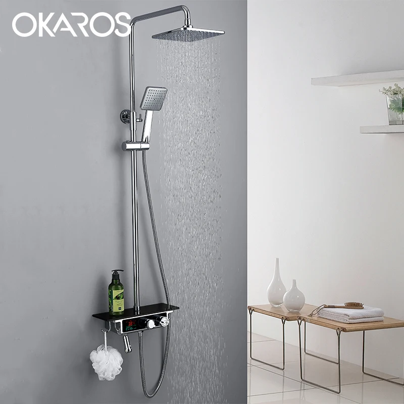 OKAROS Bathroom Bathtub 8 Inch Shower System Smart Thermostatic Diverter Valve With Full Digital Display Shower Faucet Set OKAROS Bathroom Bathtub 8 Inch Shower System Smart Thermostatic Diverter Valve With Full Digital Display Shower Faucet Set