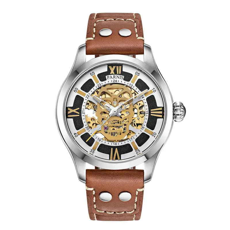Parnis SKULL II Seriers Luminous Mens Leather Watchband Fashion Automatic Self Wind Mechanical font b Watch