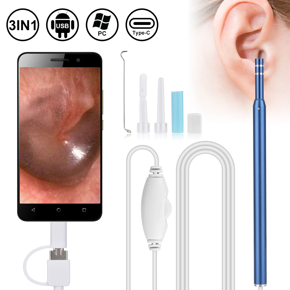Эндоскоп для чистки ушей HD визуальная Ушная ложка 5,5 мм мини-камера 3 в 1 USB Android PC Ушная палочка отоскоп бороскоп инструмент забота о здоровье