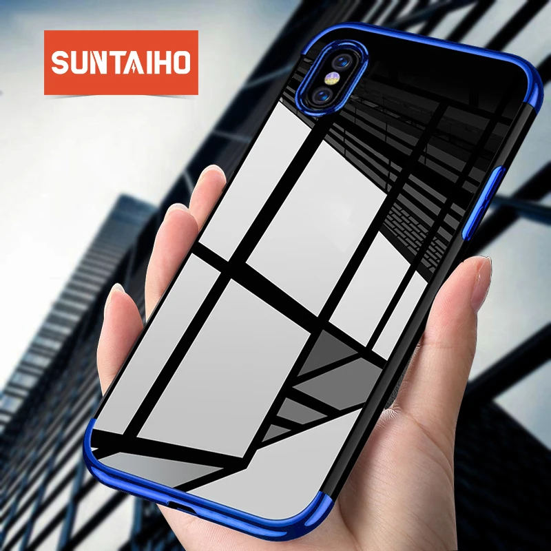 

Suntaiho For iPhone XS MAX Case Transparent Soft TPU For iPhone XS X 8 7 plus 6S case Electroplating Silicone Cover X 7 8 coque