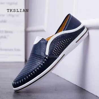 

Leather Loafers men summer shoes men 2019 fashion shoes male carving mesh Breathable driving footwear non-slip rubber blue black