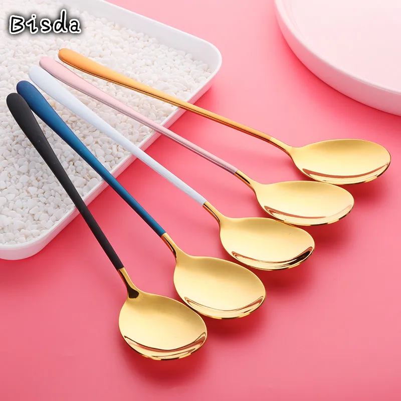 

Bisda 5 Colors Long Handle Gold Spoons Stainless Steel Dishwasher Safe for Tea Coffee Ice Cream Dessert Soup Kitchen Tableware