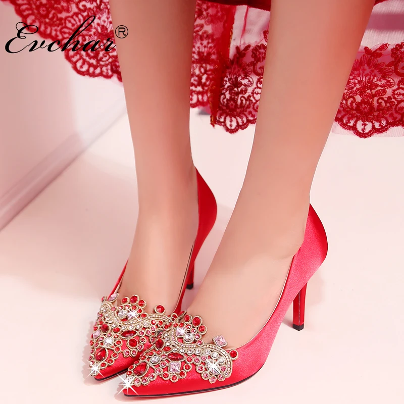 

Spring Autumn Chinese style red women wedding shoes sexy Pointed Toe embroidery Slip-On Shallow high heels pumps size 33-40