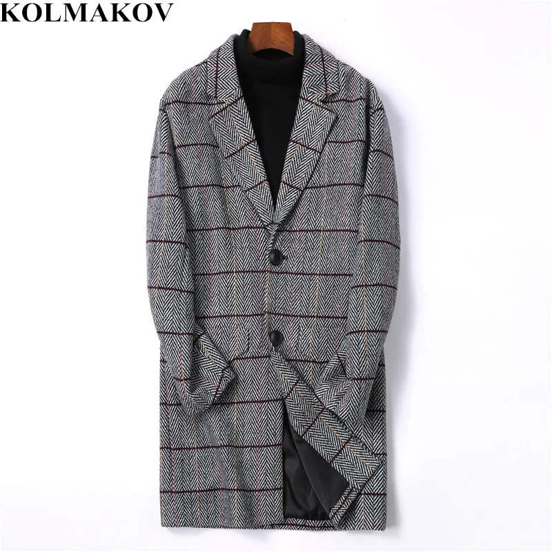 KOLMAKOV Men's Clothes 2018 New Arrive Mens Woolen Coats Slim Fit Long Plaid Trench Coat Male M-4XL Autumn Wool Jackets for Men