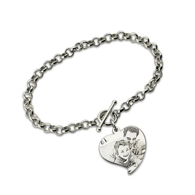 Personalized Photo Engraved Bracelet Heart Charm Pendant Personalized Photo Engraved Bracelet Heart Charm Pendant Sterling Silver Jewelry Gift For