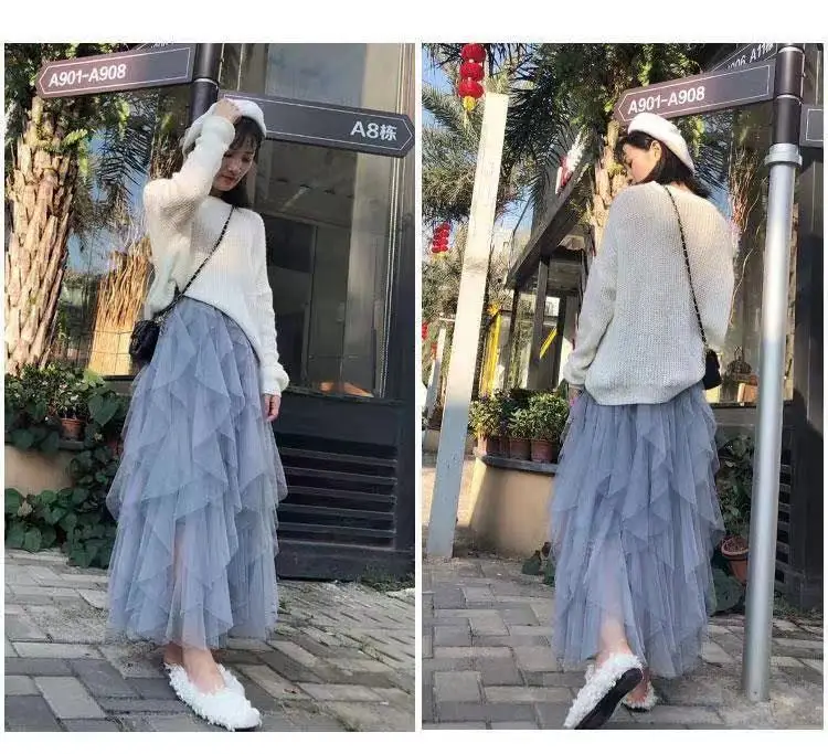 Vangull юбка-пачка из тюля Женская длинная юбка макси из сетчатой ткани новая весенняя летняя Корейская черная розовая плиссированная юбка с высокой талией для женщин