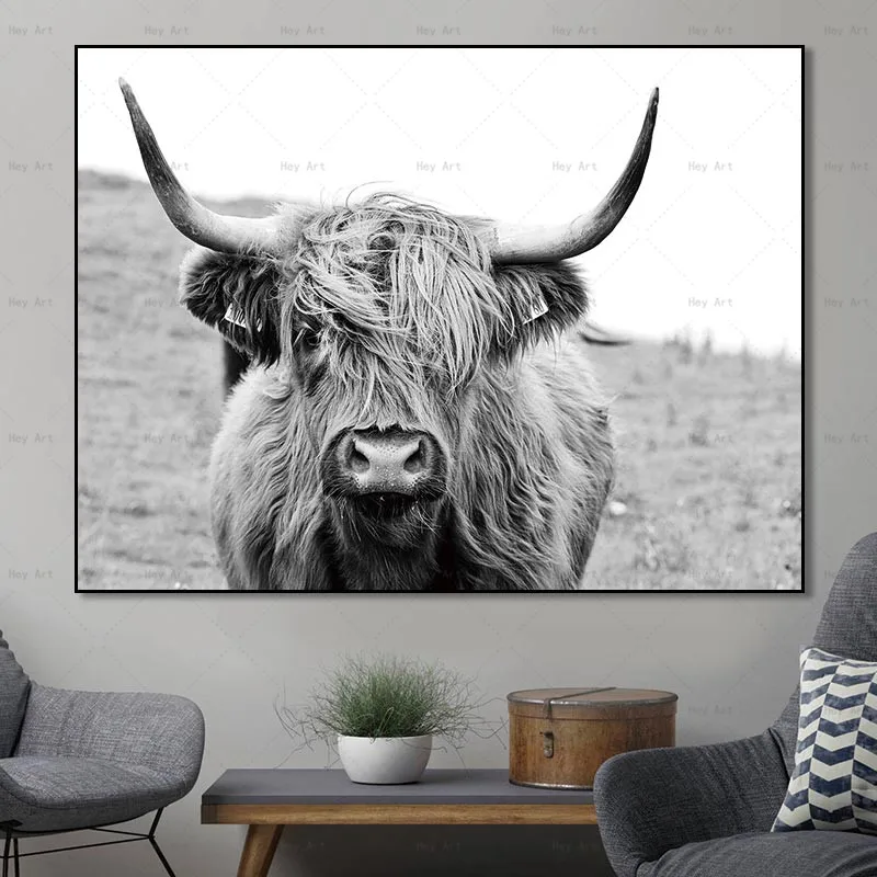 Black and White Home Decor Animal Poster Prints Highland Cow Yak Canvas Painting Wall Art Pictures for Living Room