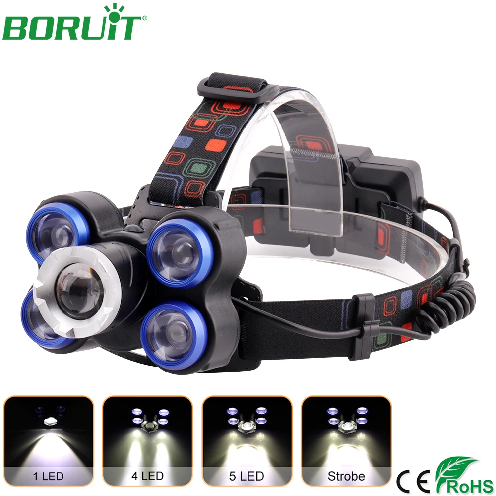 

BORUiT Bright 5 LED Headlamp Flashlight Zoomable Portable Rechargeable Headlights Lantern Waterproof Camping Hunting Head Torch