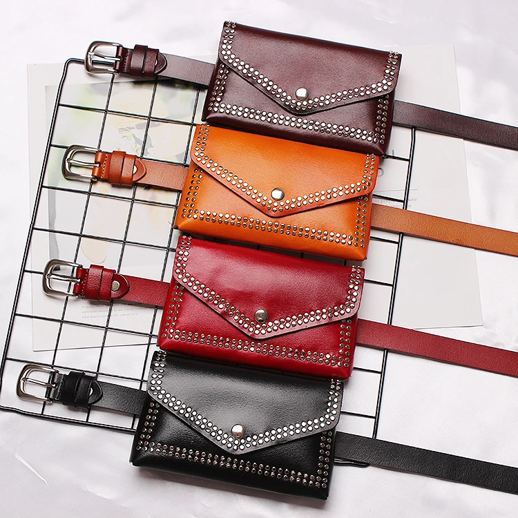 

New Genuine Leather Waist Packs Rivet Fanny Pack Belt Bag Phone Pouch Bags Womenl Waist Pack Male Small Waist Bag Leather Pouch