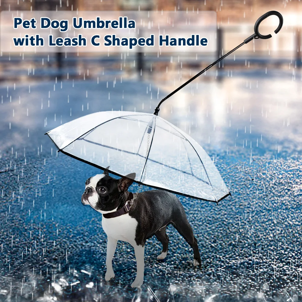 

C-shaped Telescopic Handle Transparent Visible Pet Umbrella With Dog Leashes Necklaces PE Rain Walking Tow Rope for Rainy Day