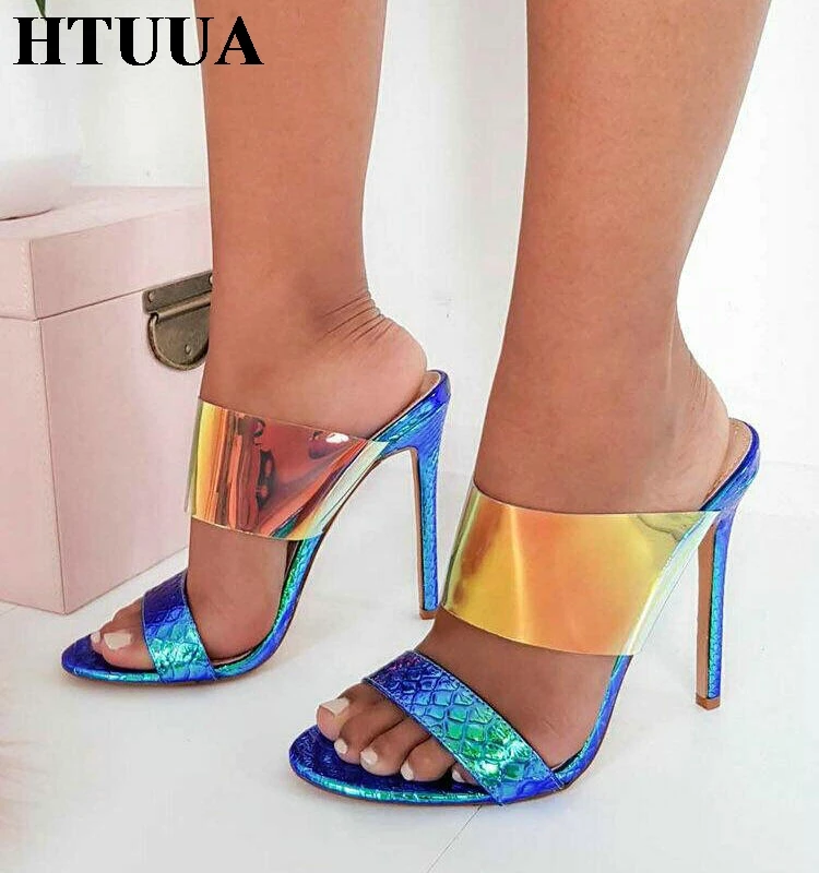 

HTUUA 2019 Colorful Transparent PVC Sexy Peep Toe Slides Women Slippers 12CM High Heels Summer Sandals Ladies Mules Shoes SX2599