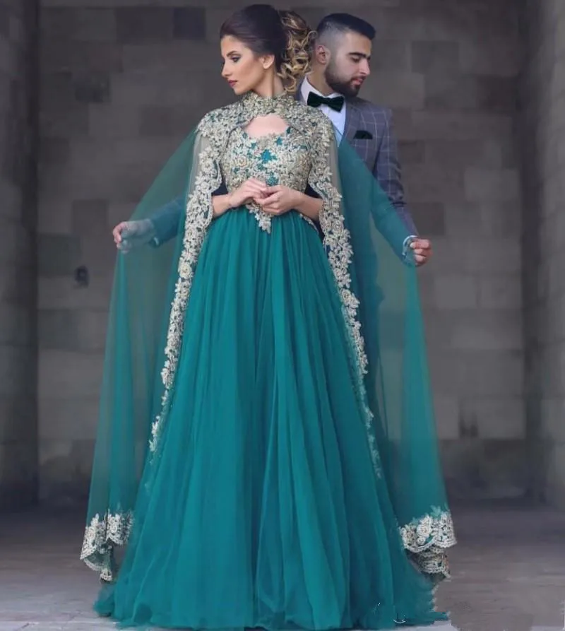 

Green Muslim Evening Dresses 2019 A-line Tulle Appliques Lace Beaded Islamic Dubai Saudi Arabic Long Formal Evening Gown