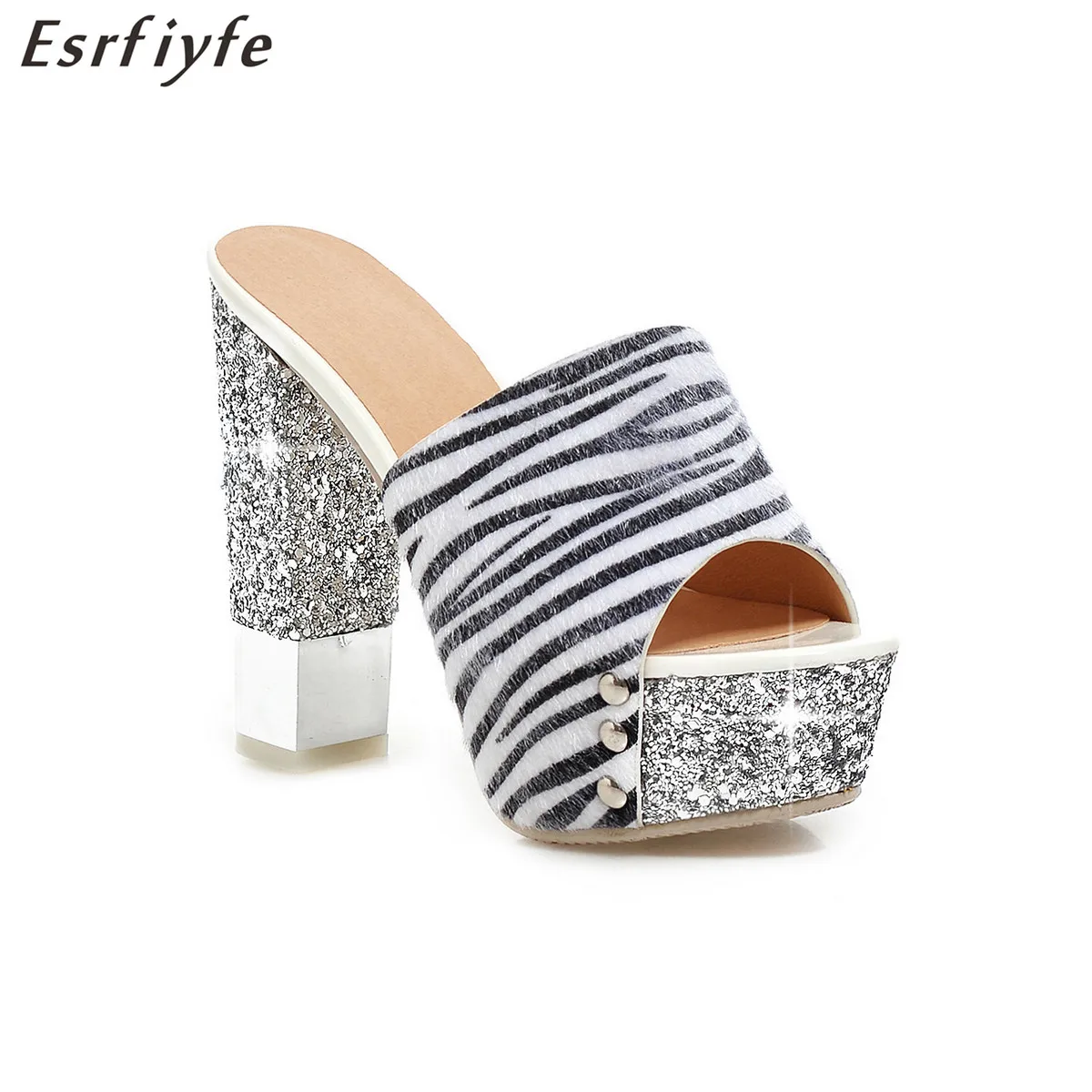 

ESRFIYFE 2018 New Summer Fashion Sexy Woman Shoes Bling Square Heels Slippers High Heels Women Shoes Peep Toe Daily Shoes