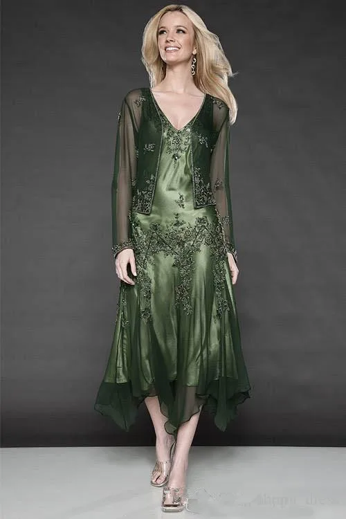 vestido de madrinha платье для матери невесты длиной до колена с аппликацией из бисера, v-образным вырезом, ТРАПЕЦИЕВИДНОЕ вечернее платье с бесплатным Болеро - Цвет: Зеленый