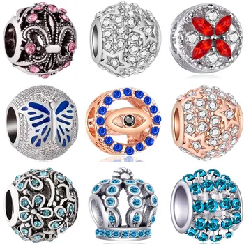 

New Fashion Crystal Bee Butterfly Cross Crown Evil Eyes Flower Heart Beads Fit Pandora Charms Bracelets for Women DIY Jewelry