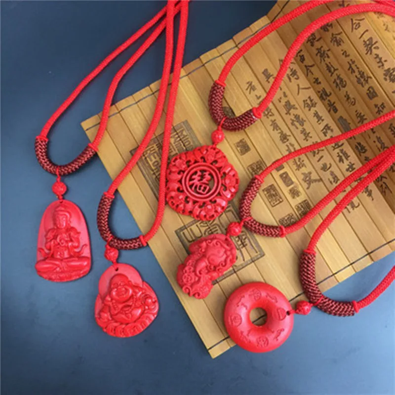 Красный Cinnabar резные Guangong Lucky Подвески винтажное ожерелье Модные ювелирные