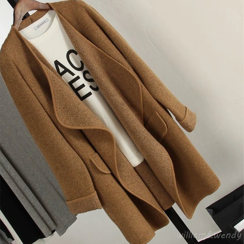 Woman s Tweed Palto Kahki G Woolen Down Coat Autumn Long Sleeve Warm Wool font b