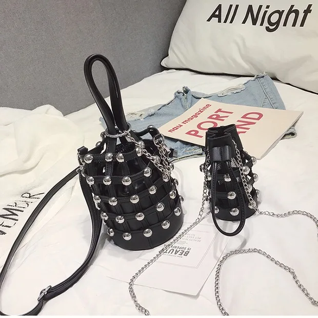 Сумка-мешок с заклепками, 3 шт., кошельки-гвоздики и сумочки, держатель для карт, дизайнерская холловая сумка через плечо в стиле рок, маленькие сумки на цепочке, черная сумка
