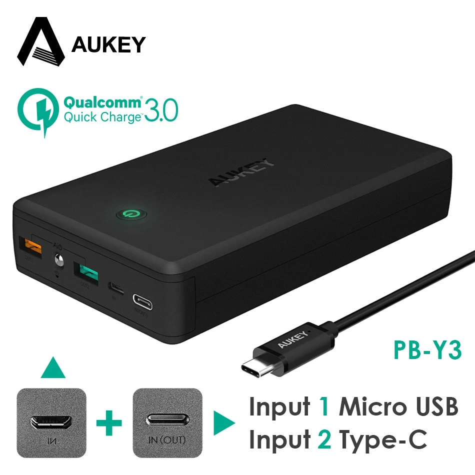 AUKEY 30000 мАч Мощность банк Портативный Зарядное устройство Quick Charge 3,0 Мощность банк