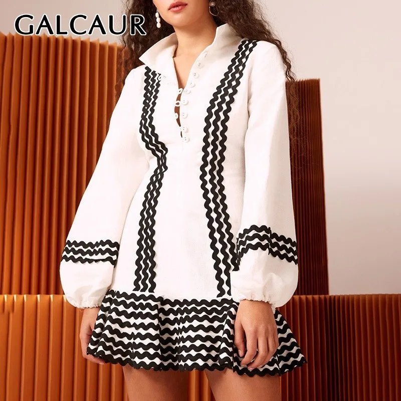 

GALCAUR Summer Vintage Dress For Women Lapel Collar Hit Color Puff Long Sleeve Mini Dresses Female 2019 Fashion Clothes New