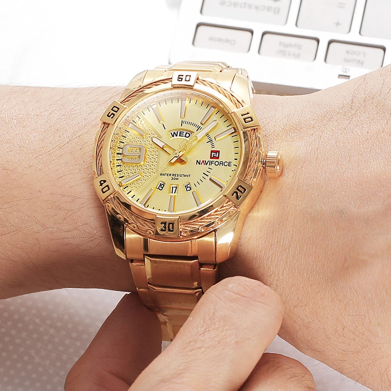 NAVIFORCE Элитный бренд спортивные часы для мужчин золото полный сталь повседневные часы для мужчин Дата водостойкий Военная Униформа человек relogio masculino