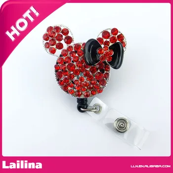 

RED Rhinestone Black Bow Minnie Mouse Head Retractable Black Badge Reel/ID Badge Holder/Pendant/Id Badge Holder