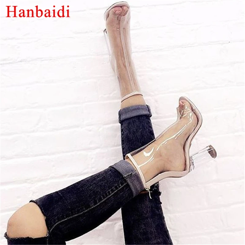 

Hanbaidi Sexy Pvc Transparent Gladiator Sandals Woman Open Toe Clear High Heel Shoes Street Style Women Summer Boots Shoes Women