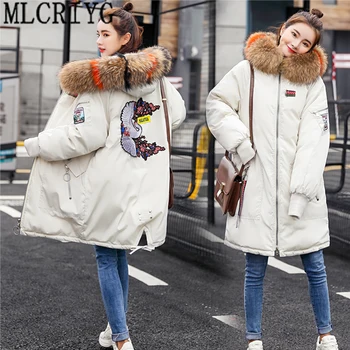 

MLCRIYG 2019 New Parkas Female Women Winter Coat Thickening Down Cotton Padded Jacket Long Hooded Large Fur Overcoat