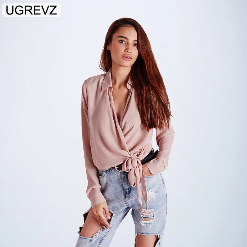 

Blouse Women Satin Short Summer 2019 Women Chiffon Blouse Pink Long Sleeve Ladies Tops Casual Streetwear Female Sexy Solid Shirt