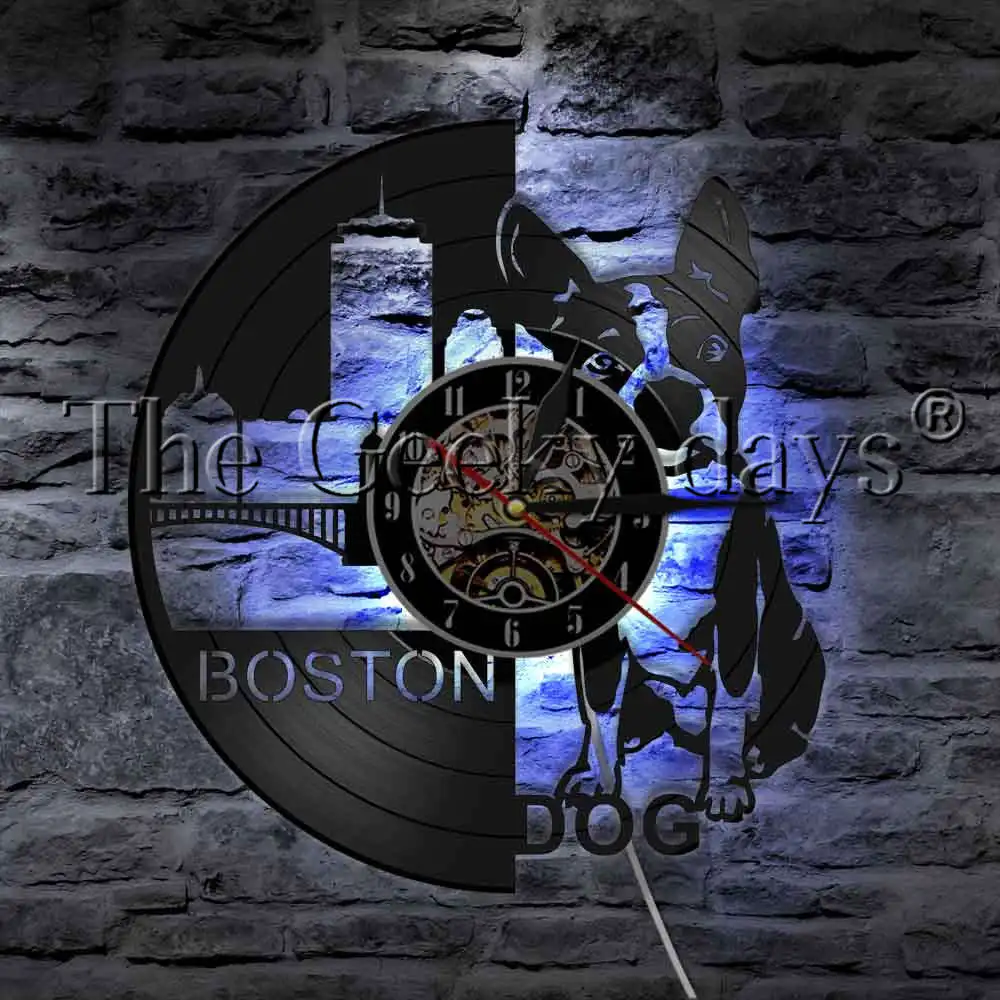  French Bulldog Vinyl Record Wall Clock With LED Backlight Home Decor Watch Pet Puppy Dog Animal Decorative Lighting | Лампы и