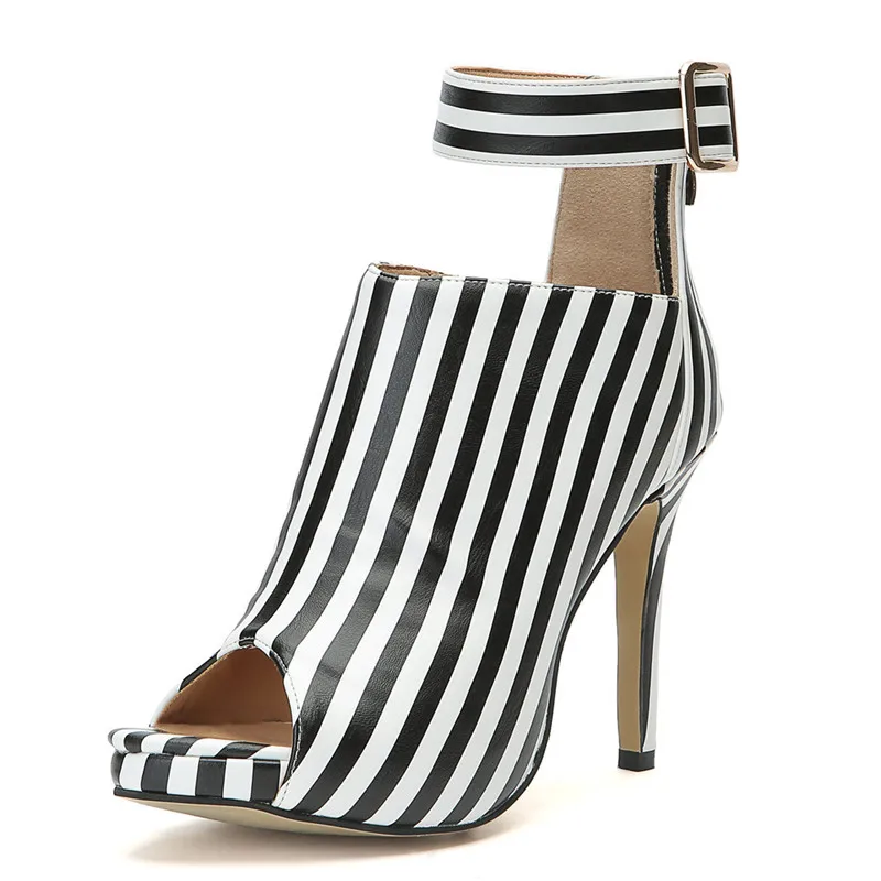 

ARQA Summer 2019 New Striped Fish Mouth One-word Fastener Slender Stiletto High heel Sandals Simple Leisure Sandals Boots