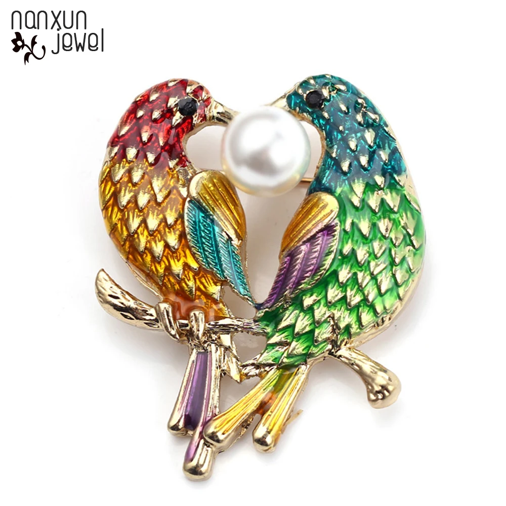 

Fancy Enamel Parrot Twig Corsage Brooch Cute Birds Badge Elegant Pearl Brooches For Women Collar Clip Pins Mujer Bijoux Jewelry