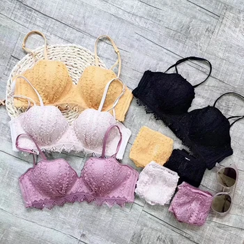 

Sexy Lace Women Underwear Set Embroidery Flower 1/2 Cup Bra Set Deep V Push Up Young Girl Bra Brief Sets wave seamless small cup
