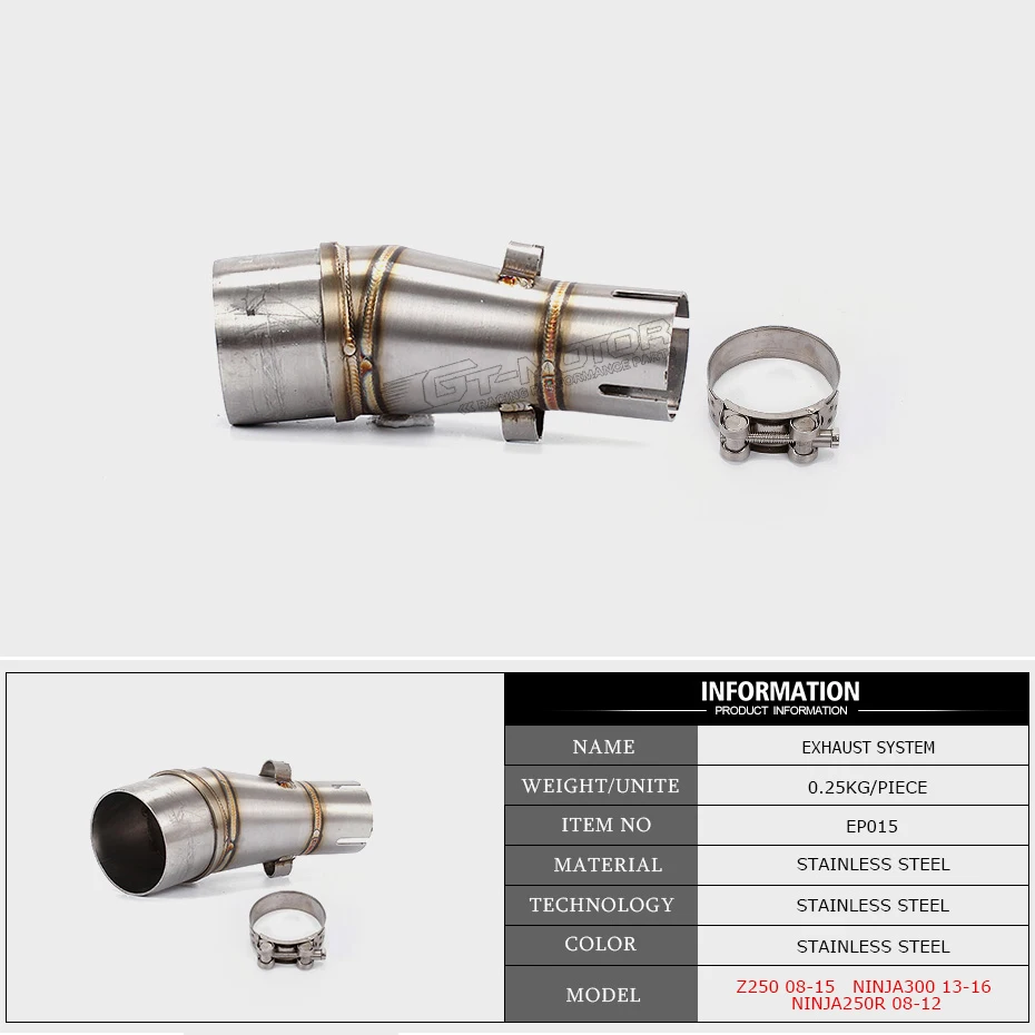 GT Motor-sistema de Escape resbalón en el silenciador de enlace medio tubo de Escape Slip-On para Kawasaki Ninja 300 250R Z300 250, 2008-2017