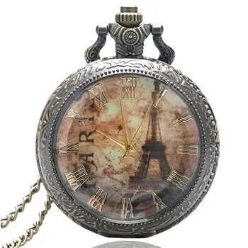 

Clear Glass Antique Vintage Retro Eiffel Tower Rome Number Quartz Pocket Watch Necklace Pendant Men Women Clock